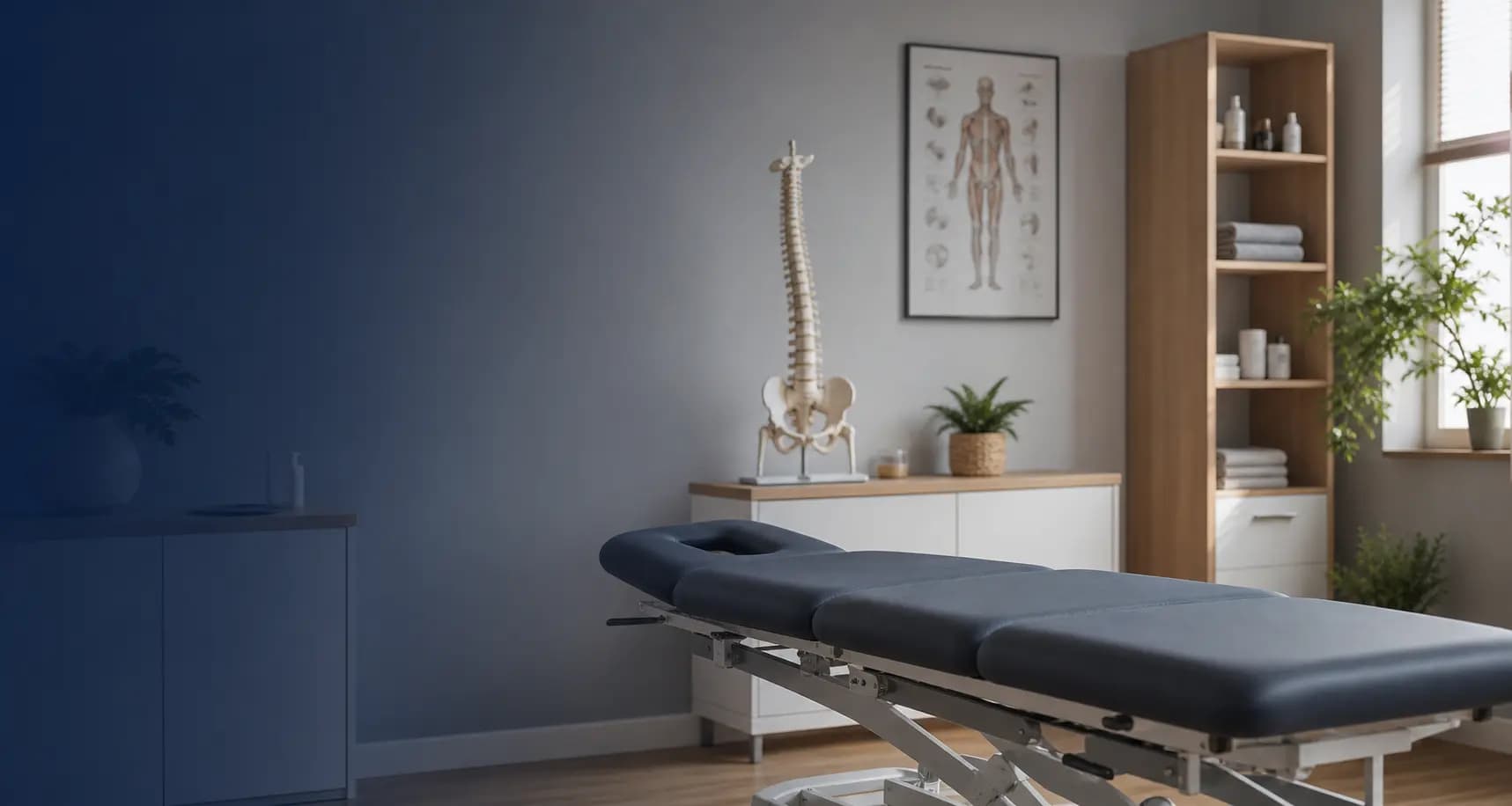 Osteopathy treatment room with treatment table and anatomy model