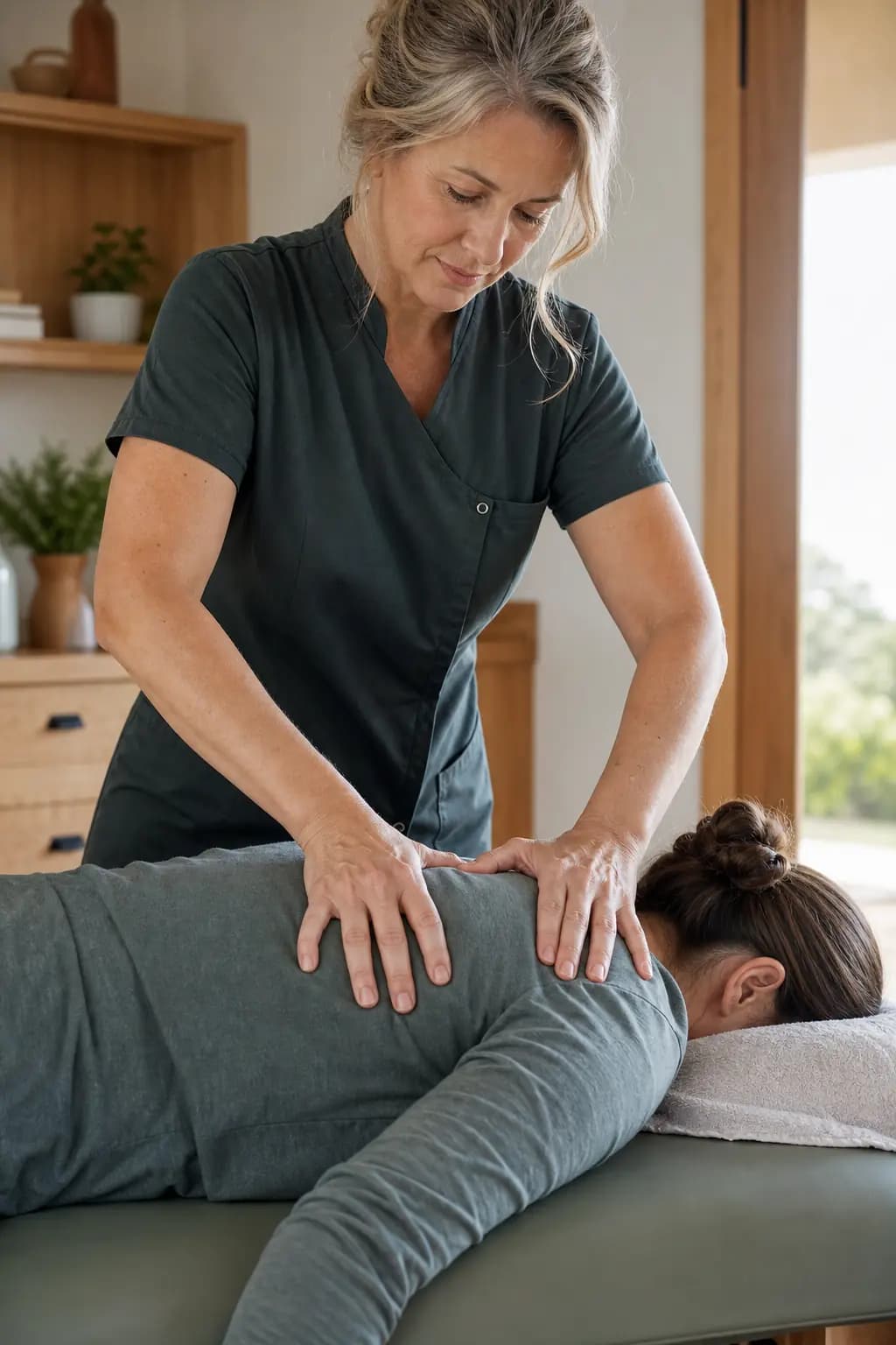 Practising osteopath in a workspace organised for solo or team practice