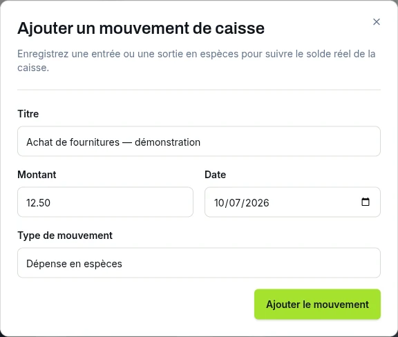 Formulaire d’ajout : titre, montant, date et type de mouvement.