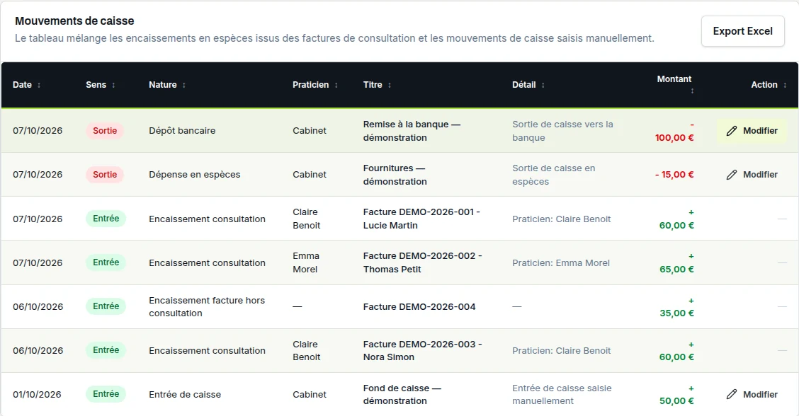 Bouton Export Excel au-dessus du tableau des mouvements de caisse.