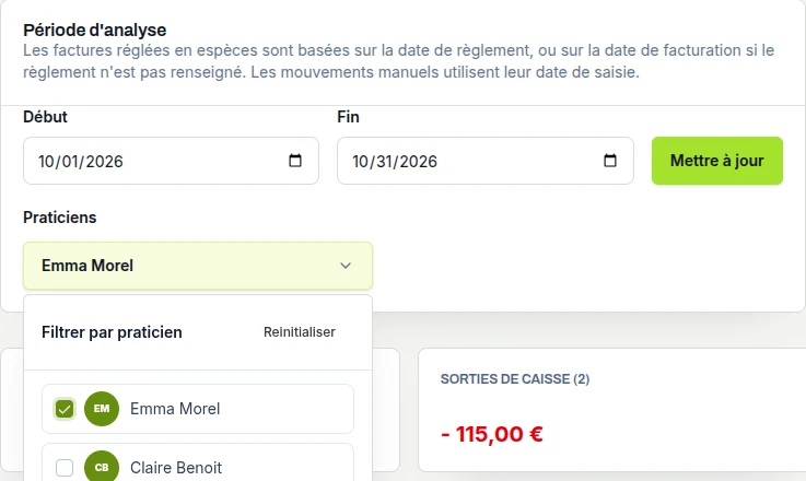Champs Début et Fin, bouton Mettre à jour et sélection des praticiens.